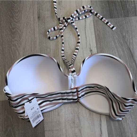 Shade & Shore halter bandeau bra size black white stripe bikini swim top 38D - Picture 5 of 6